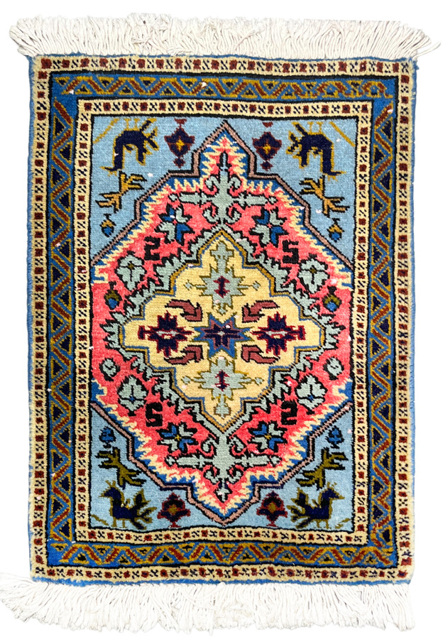 1'3" x 2' Ardebil Persian sample rug, powder blue field, coral stepped medallion, tribal animals, ivory fringe
