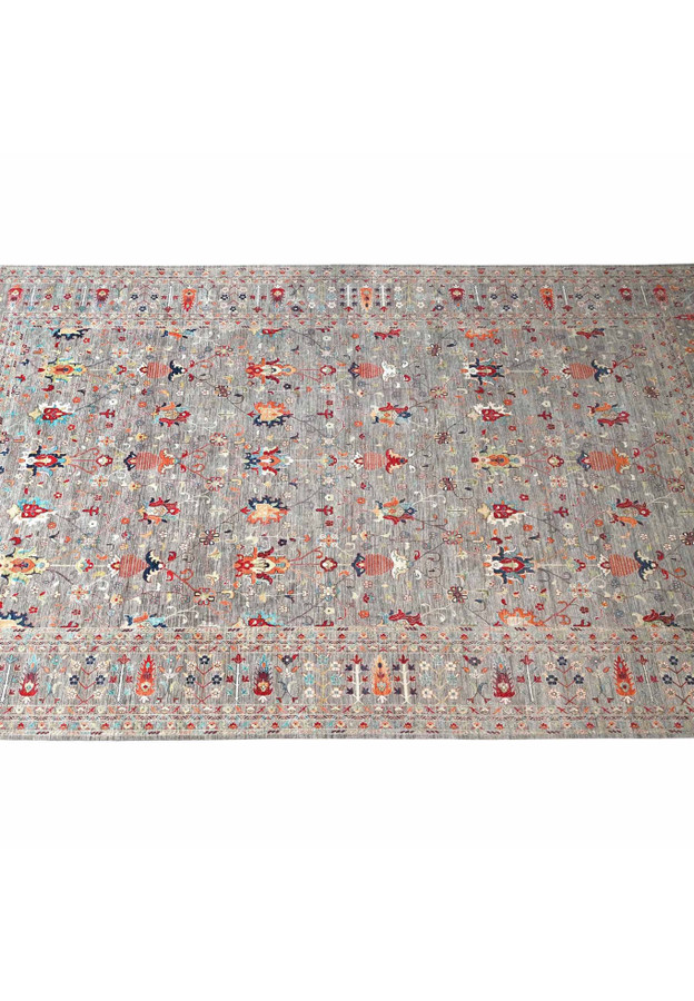 18'3" x 23'9" Afghan Sultani seen from above, grey ground with symmetrical floral lattice and pomegranate motifs