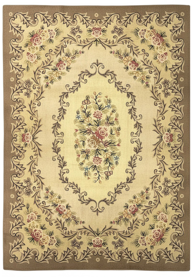 8' x 11'4" Indian hooked rug, cream field with a central rose bouquet and mocha acanthus border