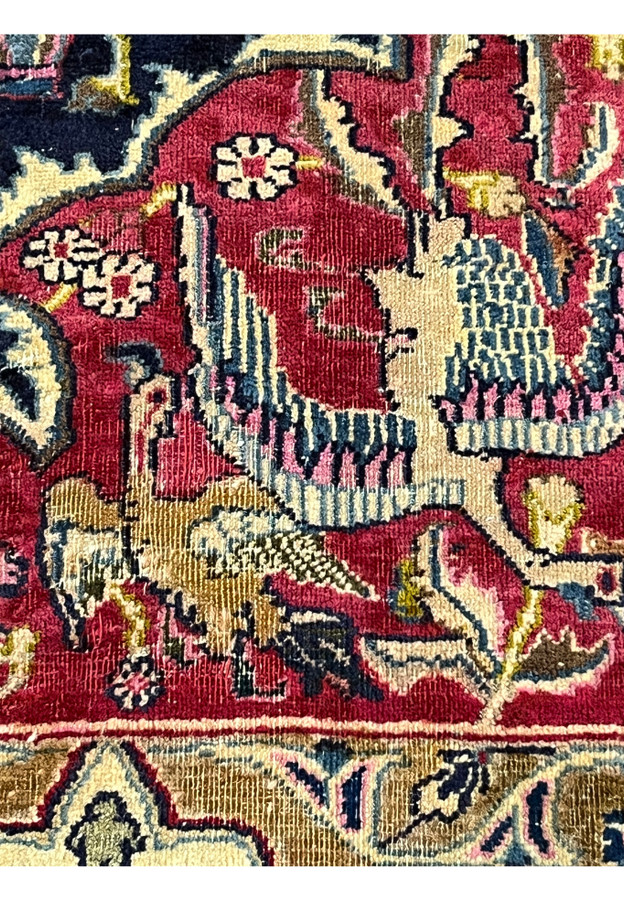 Low pile area of the vintage Kashmar Zirkhaki revealing the fine hand-knotted weave beneath