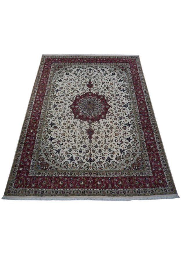 9'9" x 13' Persian Tabriz 60 Raj rug, ivory field with a fine wool and silk floral medallion