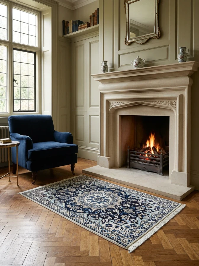2'9" x 4'9" Persian Nain Rug | Navy Field Floral Medallion | Fine Weave