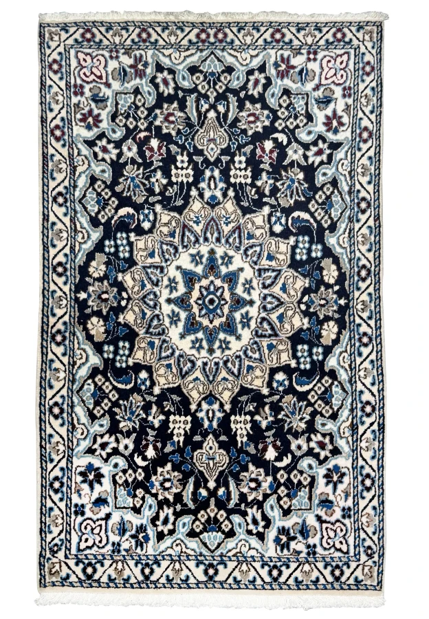 3 x 5 Persian Nain rug with an ivory star medallion on a navy blue field, hand-knotted wool
