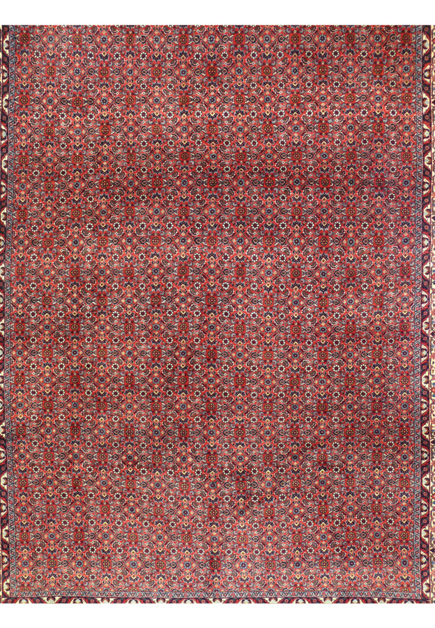 Close detail of the red Bijar field showing fish-leaf Herati motifs in navy, gold, and ivory wool