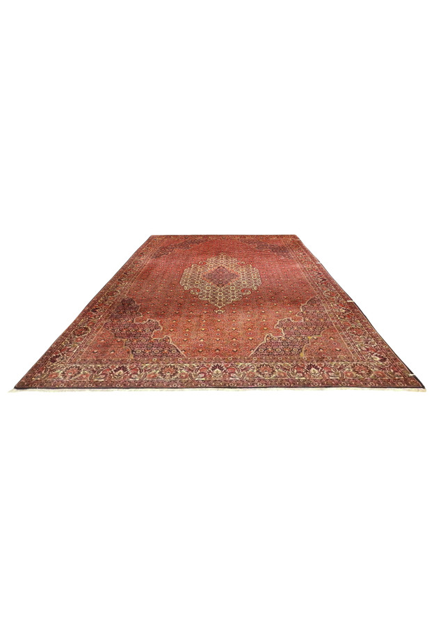 7 x 10 Persian Bijar rug laid flat showing the ivory medallion and salmon rose Herati field