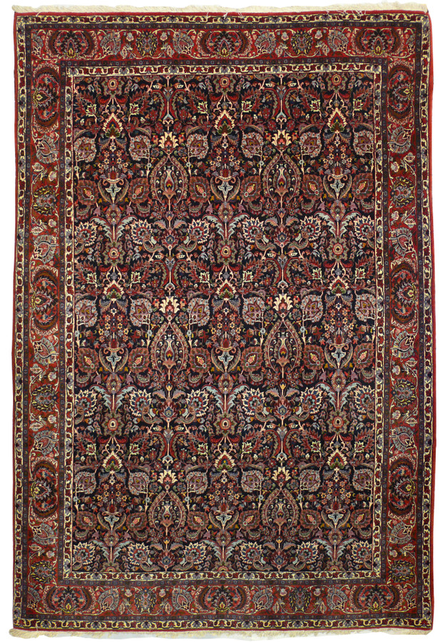 7 x 10 Persian Bijar Halvai rug with a densely flowered navy field and red border, hand-knotted wool