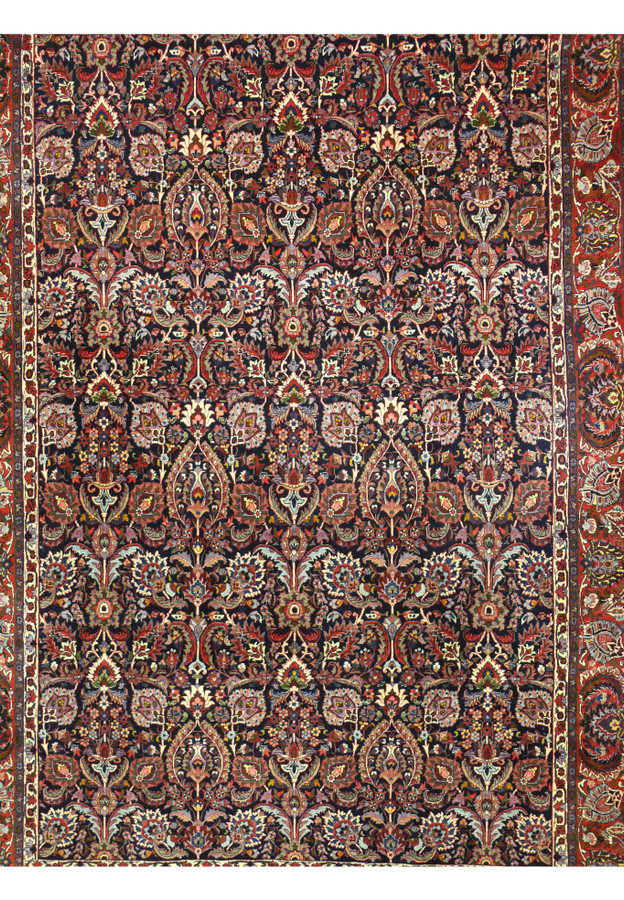 Dense allover garden of vases, Guli Farang palmettes, and rosettes on indigo, the finest Halvai weave
