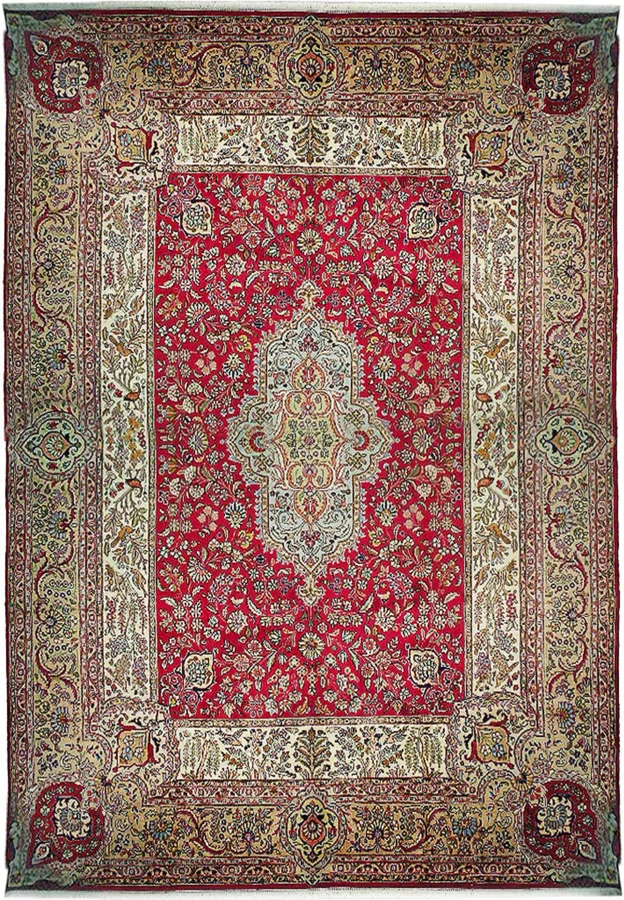 10x13 Persian Kerman rug with red Shah Abbas floral field and pictorial bird border