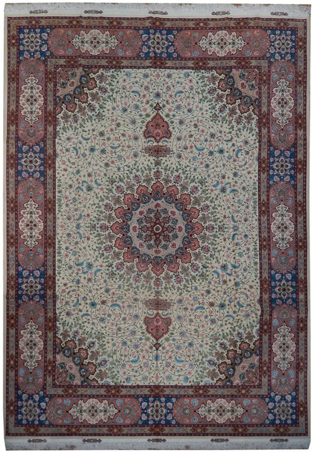 10x13 signed Persian Tabriz 70 Raj rug with layered medallion on ivory swirling floral field