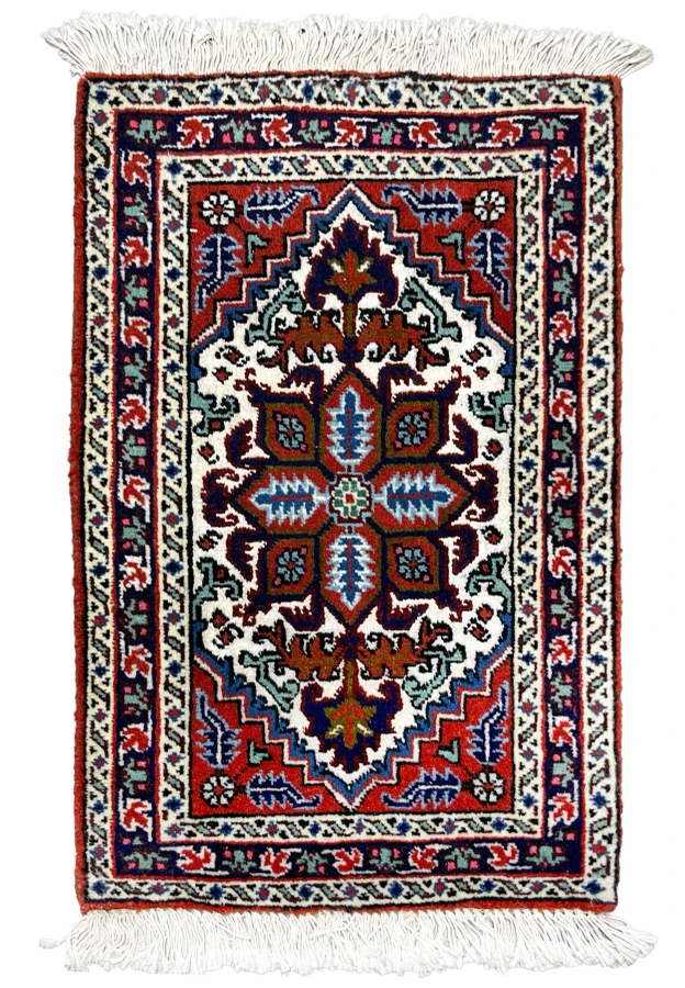 1x2 Persian Ardebil baby rug with stepped geometric medallion in red, ivory, and navy