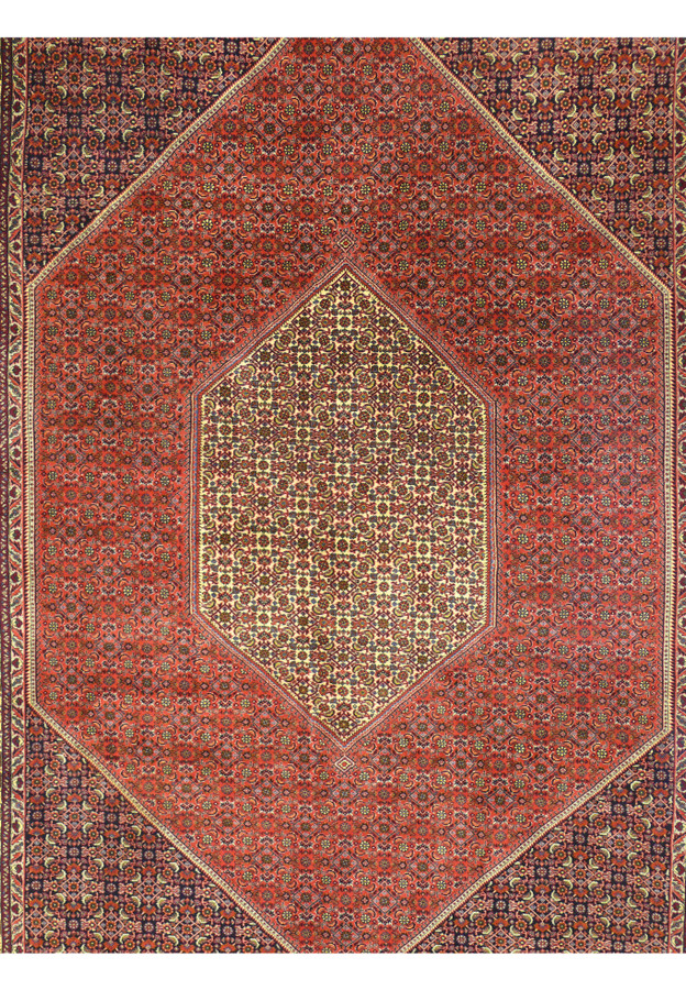 Cream hexagonal medallion detail covered in meticulous mahi Herati repeat on brick red diamond