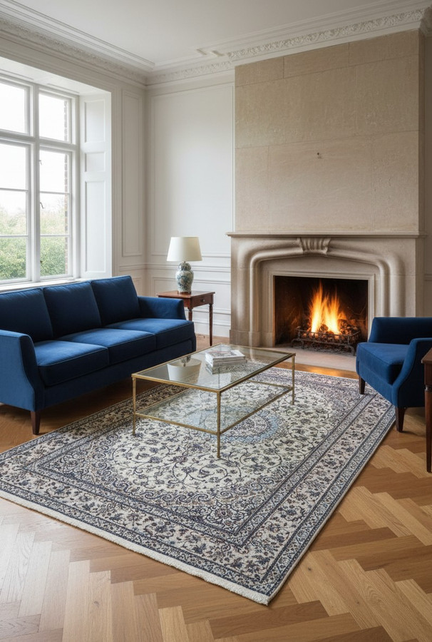 7 x 10 Signed Habibian Nain 6La Rug | Powder Blue Medallion on Cream | Wool and Silk on Silk