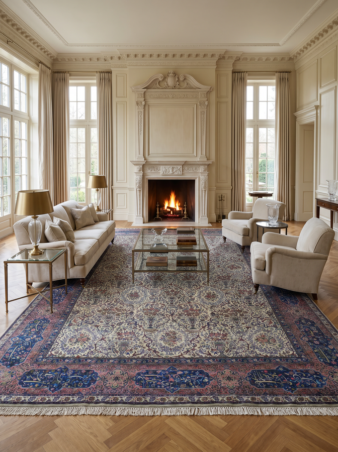 13'5" x 19'8" Antique Persian Kerman Rug | Poetry Cartouches | Tigers and Birds | Circa 1880