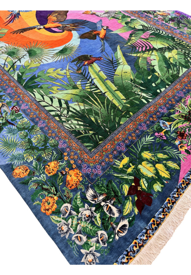 Corner detail where blue outer border meets jungle field with roses and songbirds