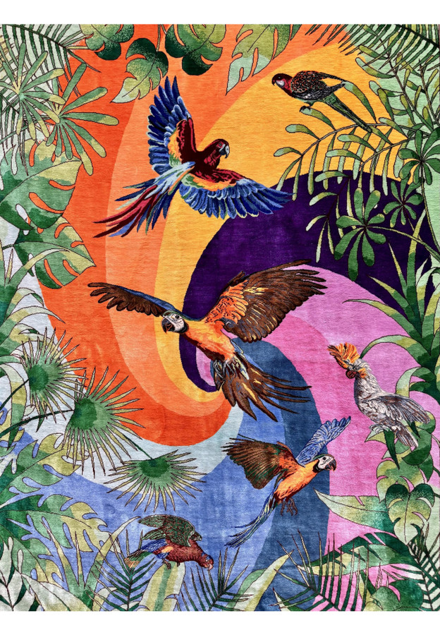 Macaws, rosella and cockatoo soaring through palm fronds against orange and purple silk sky