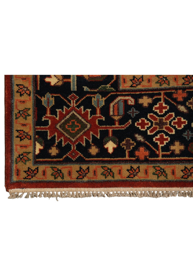 Navy main border with rosettes, crosses and serrated leaves framed by gold meander stripes