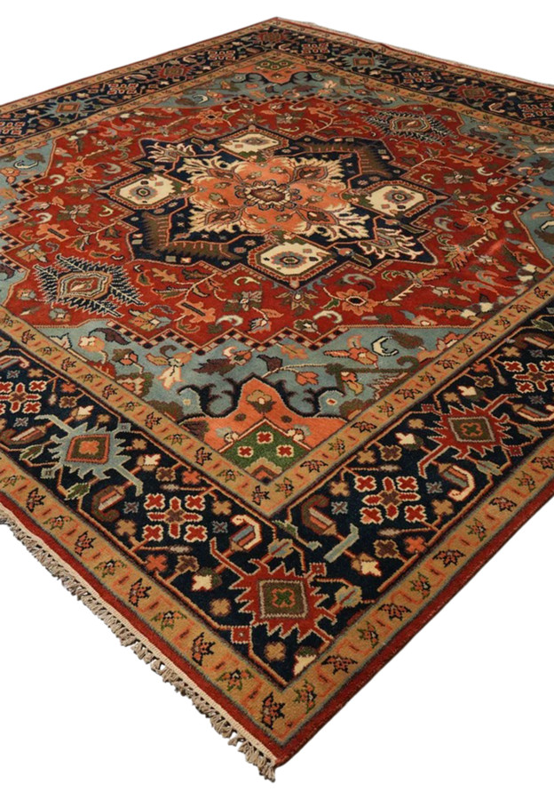 Angled view of brand new square oriental rug highlighting dense pile and bold tribal geometry