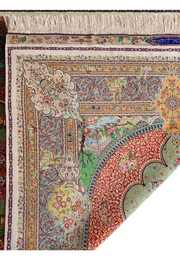 Back of Tabatabai silk rug revealing landscape corner and immaculate fine weave