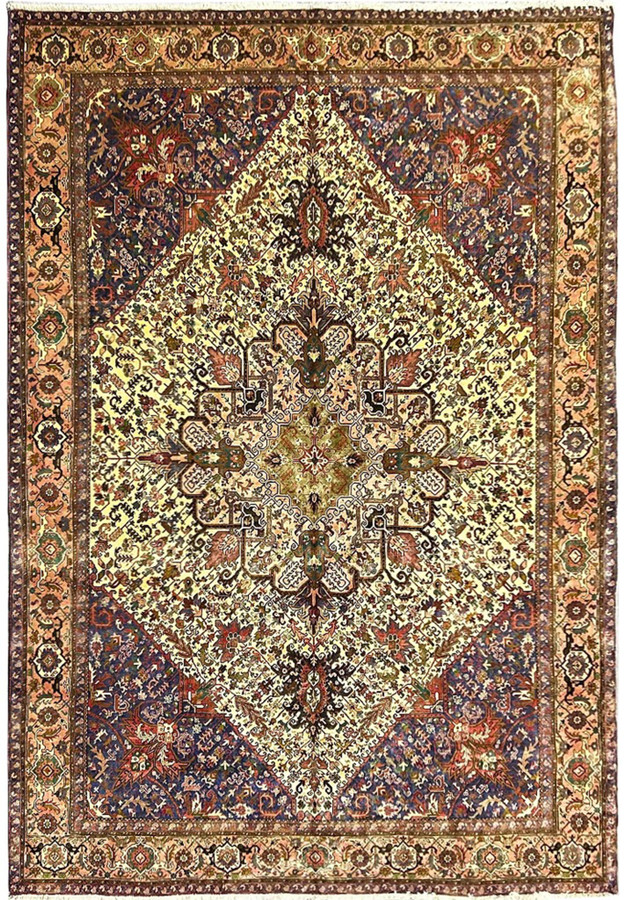 Rare 11'4x16'2 Persian Heriz rug with ivory field, denim blue corners and salmon border