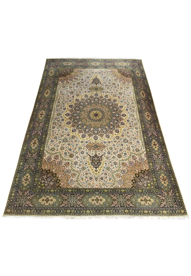 13x19 Persian Tabriz palace rug laid at an angle, dense ivory floral field around a central medallion