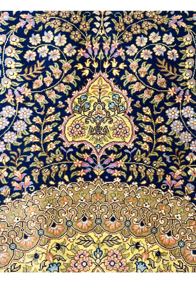 5x8 Persian Qum silk rug field detail, ivory and pink flowers on midnight navy ground