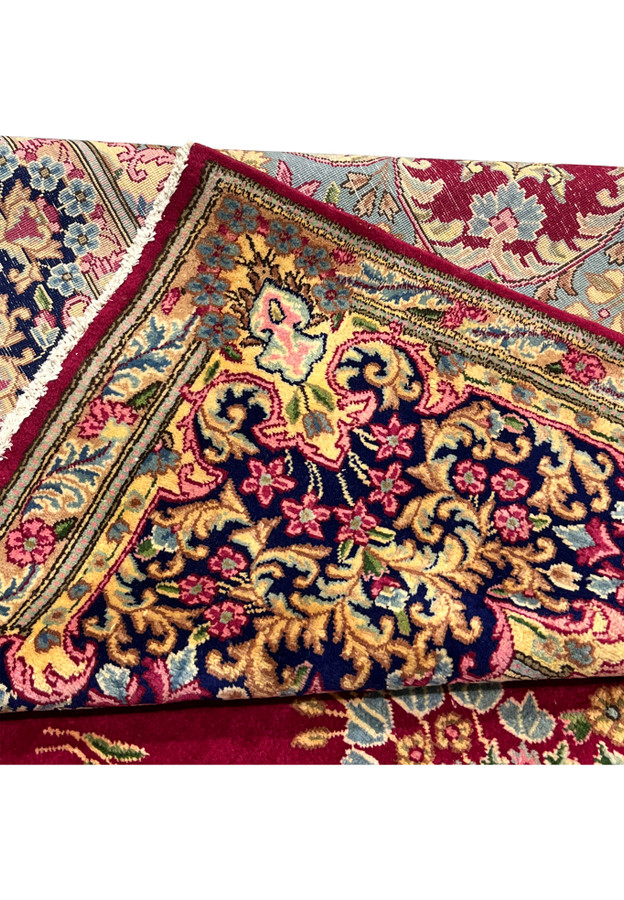 10x14 Persian Kerman rug folded edge corner navy border ivory fringe detail