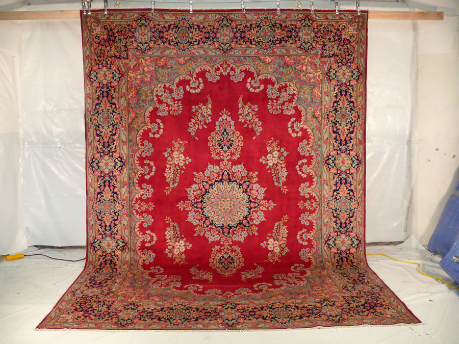 10x14 Persian Kerman rug additional detail view crimson red navy floral