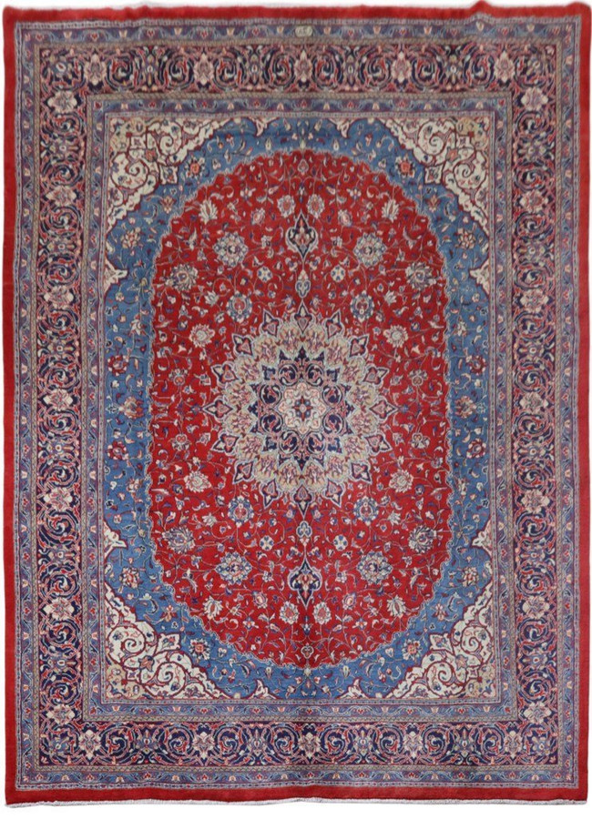 10x13 Persian Sarough rug in vibrant red and navy blue shades, showcasing the entire rug's intricate design
