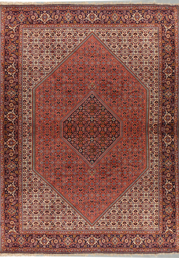 6'6" x 10'2" Persian Bijar rug with classic Mahi design, showcasing intricate floral patterns and a deep red field.