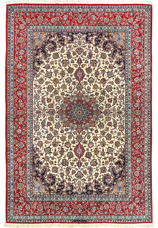 Full view 8x12 premium Persian Isfahan wool silk rug ivory field crimson red border navy floral medallion signed Persia