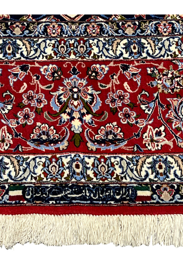 Weaver signature detail 8x12 premium Persian Isfahan wool silk rug woven in Persian script lower border authentication mark