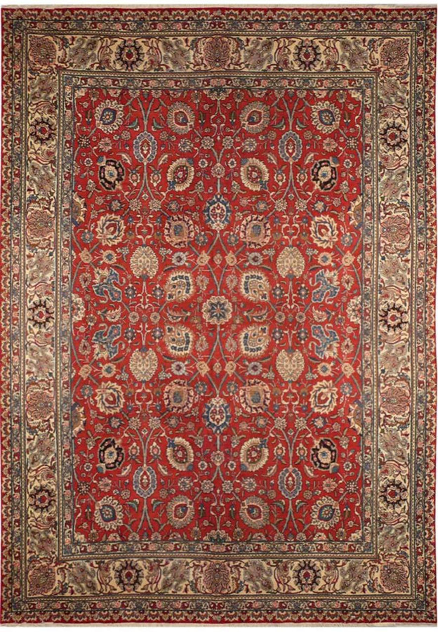 10 x 13'5 Persian Tabriz Rug | Vintage Allover Floral | Rusty Red and Navy