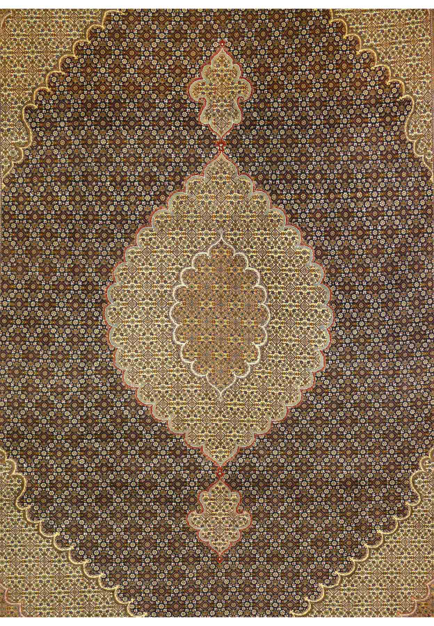 Close-up of the central medallion on the Persian Tabriz Mahi Rug, highlighting its detailed design.