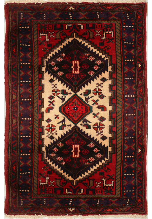 Full view of the 3'3 x 5 Antique Persian Hamedan rug showcasing its detailed design