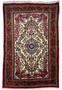 Entire view of a 4'5" x 7' semi-antique Persian Bijar rug laid flat to display its design and fringes