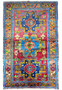 Vibrant 4'6 x 10'5 Russian Kazak Rug displaying an intricate pattern of geometric shapes and traditional motifs in bold shades of red, blue, green, and yellow, with detailed border designs, on full display against a flat surface