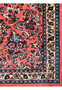 Full display of a Persian Sarough rug's craftsmanship, featuring a vibrant red base with an elaborate navy blue and cream floral pattern, perfect for luxurious interiors