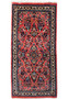 Elegant 2'2 x 4'4 Persian Sarough rug with intricate floral patterns in rich shades of red, navy blue, and cream against a warm red background, showcasing the detailed craftsmanship