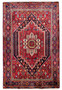 Full view of a 3'5" x 5'4" Persian Gholotgh Rug on a white background, showcasing intricate patterns and a vibrant color palette of red, blue, and cream