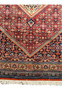 The lower half of a Persian Bijar rug, with the camera angle emphasizing the dense weaving and the intricate border designs.