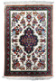Full view of a 2 x 2'7 Persian Qum pure silk rug with a detailed central medallion and floral motifs on an ivory background.
