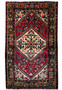 Intricately patterned 3'3 x 5'2 Persian Hamedan rug with a dominant red field and a central floral medallion."