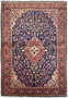 Full view of a 3x5 Vintage Persian Sarough Rug laid out, displaying the rich navy blue field and elaborate border designs