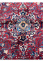 A detailed view of a Persian Sarough rug showcasing the central medallion and surrounding floral motifs in a rich palette of red, blue, and cream
