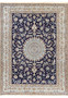 Intricate navy blue Persian Nain rug with silk floral designs and a central medallion