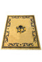 Full display of a handmade Chinese Dragon Rug with beige field and contrasting blue border design