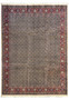 A full view of a 10x13 Persian Moud Rug laid flat, showcasing the overall intricate design and the rich color scheme with dominant red and blue hues, bordered by a detailed fringe