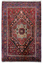 An overhead view of a 3'4" x 5'1" Persian Gholtogh rug showcasing its central geometric medallion and intricate border patterns on a rich red background