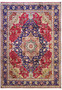 Full display of a Persian Geometric Tabriz Rug, emphasizing the expansive design with a central medallion, detailed borders, and a harmonious blend of red, blue, and cream hues