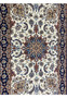 Detailed view of ivory field with scrolling vines and blue, rust, and taupe floral motifs on Persian Isfahan runner. Detailed view of ivory field with scrolling vines and blue, rust, and taupe floral motifs on Persian Isfahan runner.